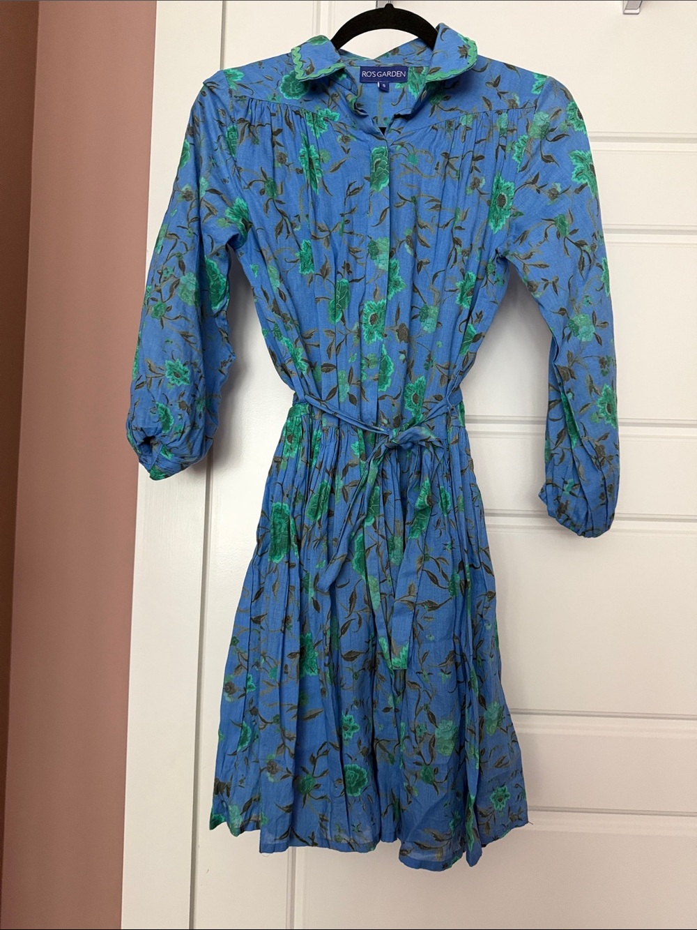 RO’S GARDEN Blue Floral Long-Sleeve Tie-Waist Dress